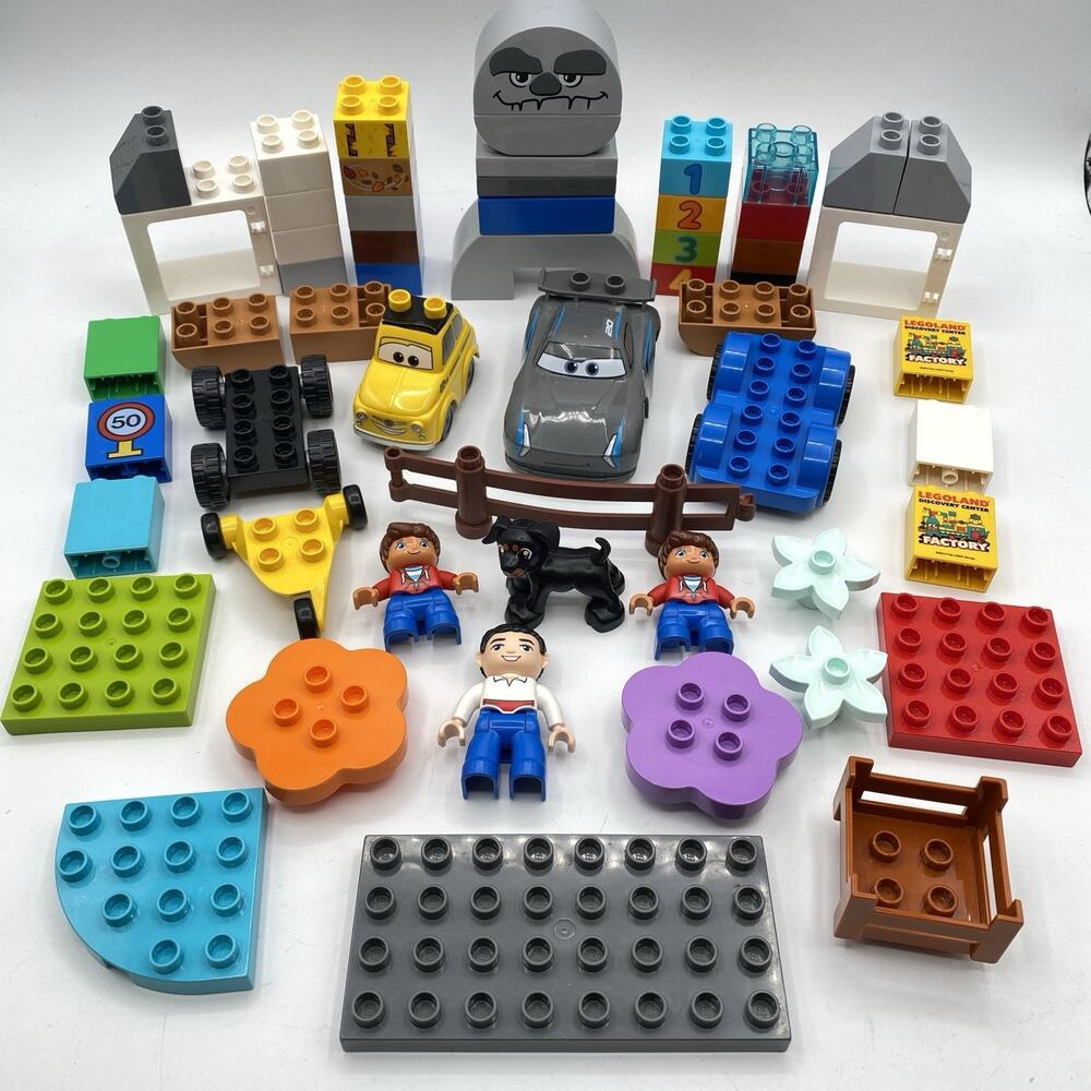 55+ Piece Lot LEGO Duplo Minifigures Dog Blocks Pixar Cars Fence Printed Parts